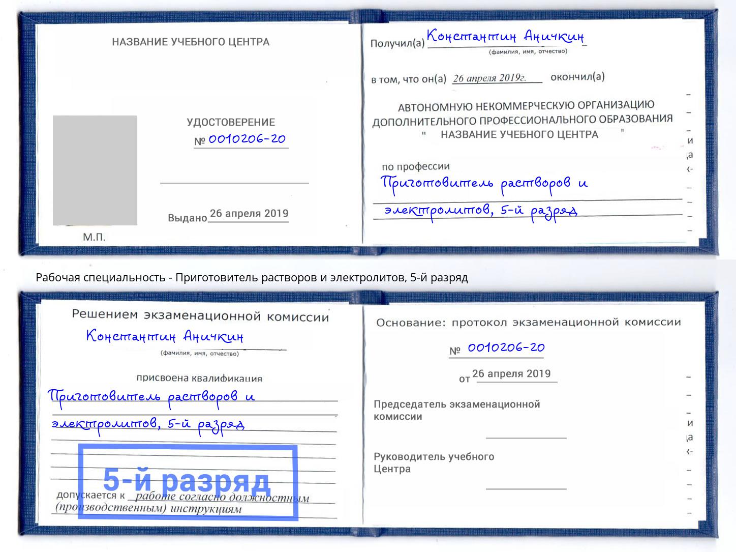 корочка 5-й разряд Приготовитель растворов и электролитов Оренбург